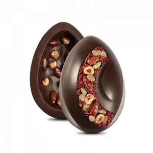 Œuf de Pâques chocolat noir gourmand Mangaro décoré de fruits secs caramélisés - Comptoir du Chocolat